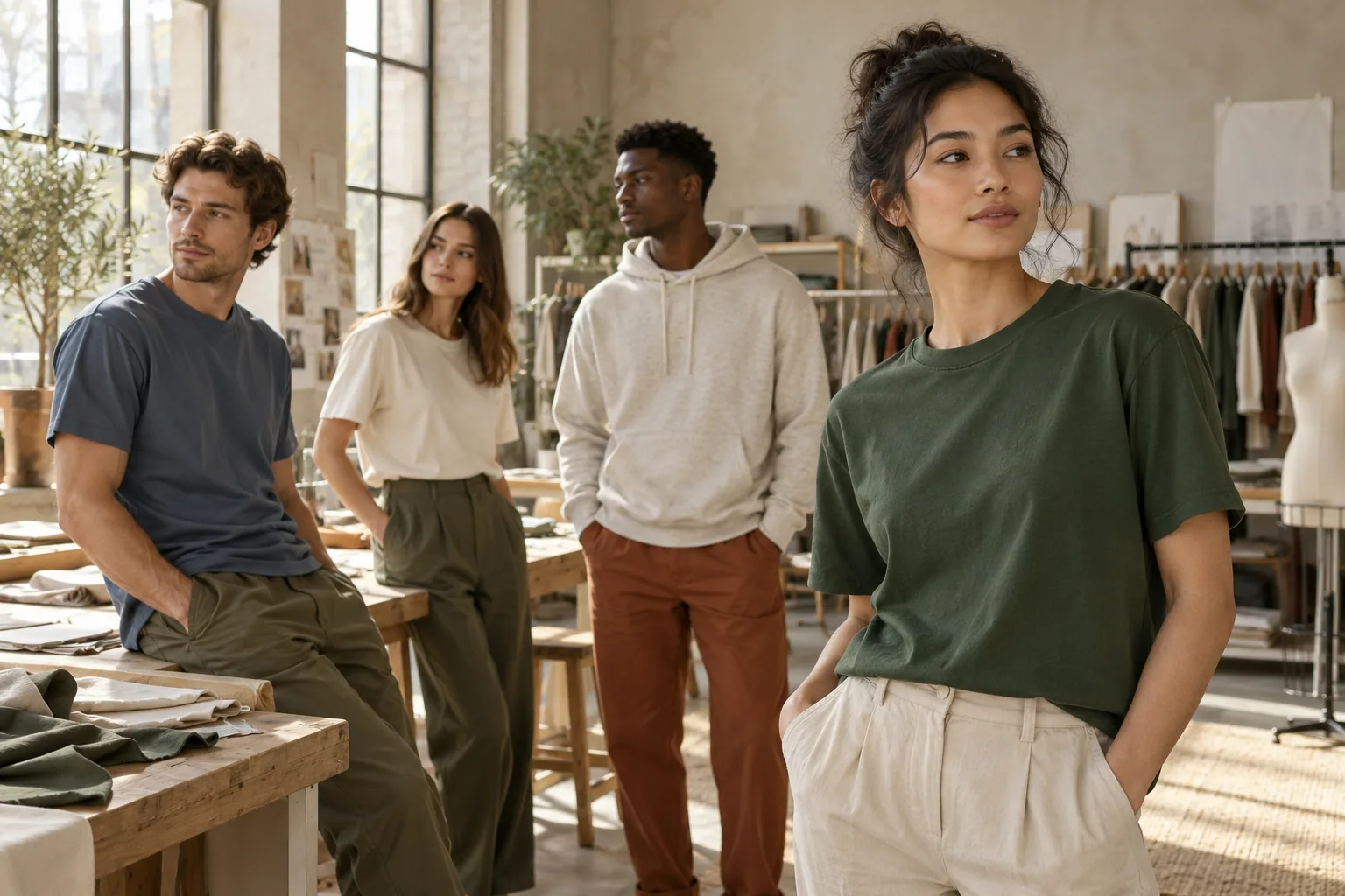 AI-created concept collection of cotton T-shirts and casual apparel in a design atelier